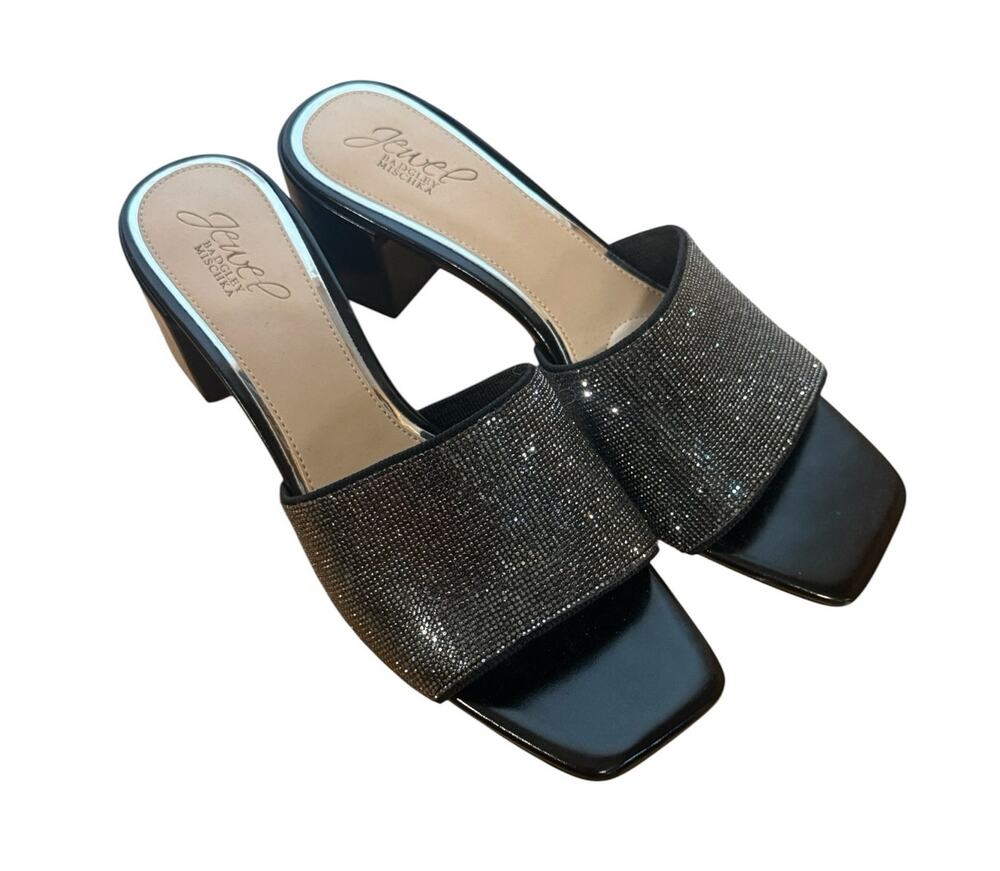 Jewel Badgley Mischka Black/Silver Metalllic Slip On Evening Sandal - 9.5
